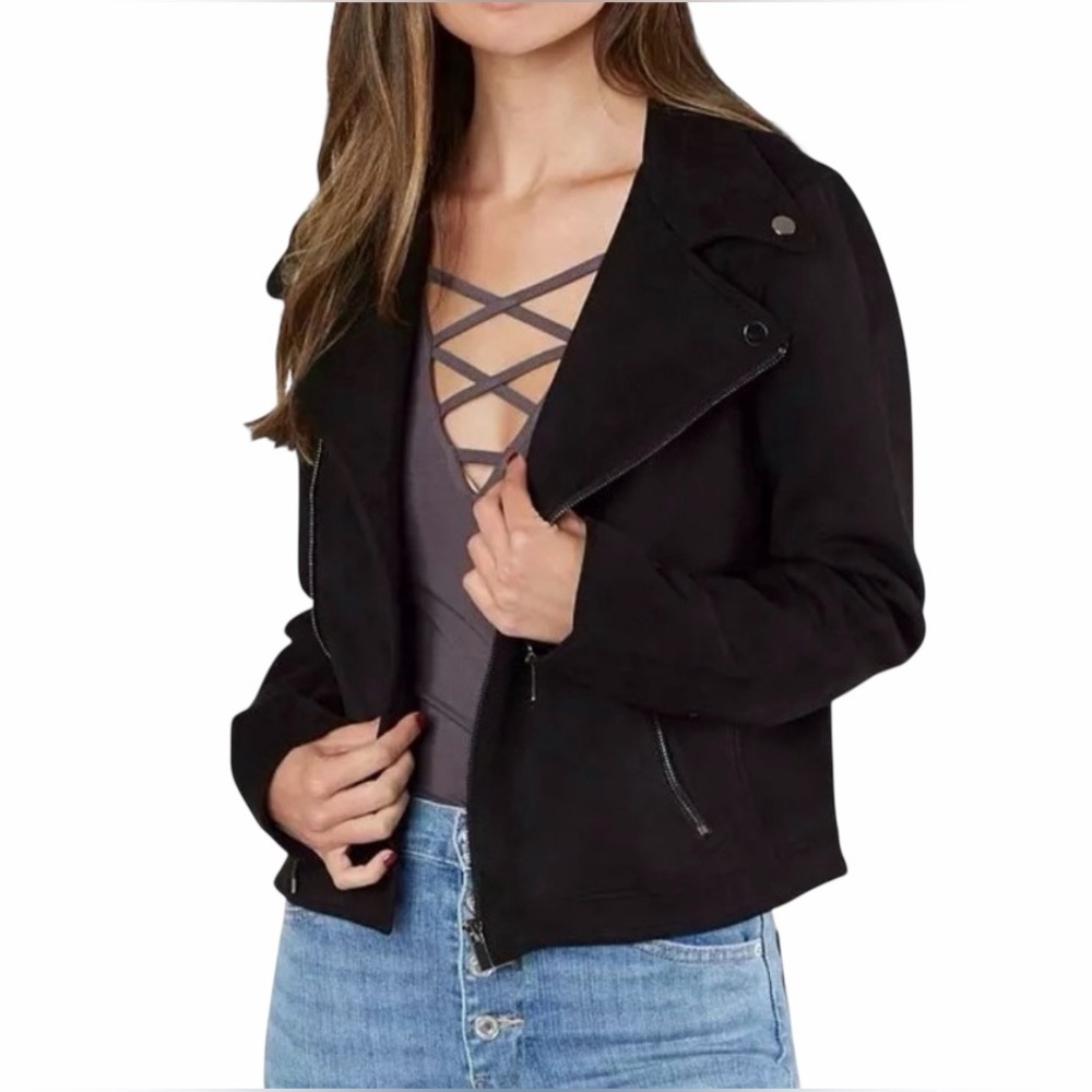 Shinestar Faux Suede Moto Jacket Black